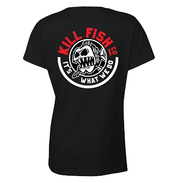 Kill Fish Co. FISHING AND OUTDOOR APPAREL KILLFISH CO. Women's "Round" Logo Black V-Neck T-Shirt 3 Kill Fish Co. FISHING AND OUTDOOR APPAREL KILLFISH CO. Women's "Round" Logo Black V-Neck T-Shirt